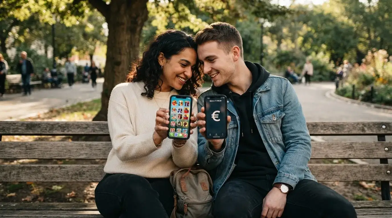 Dos amigos comparan opciones en sus teléfonos móviles sentados en un banco de un parque urbano.
