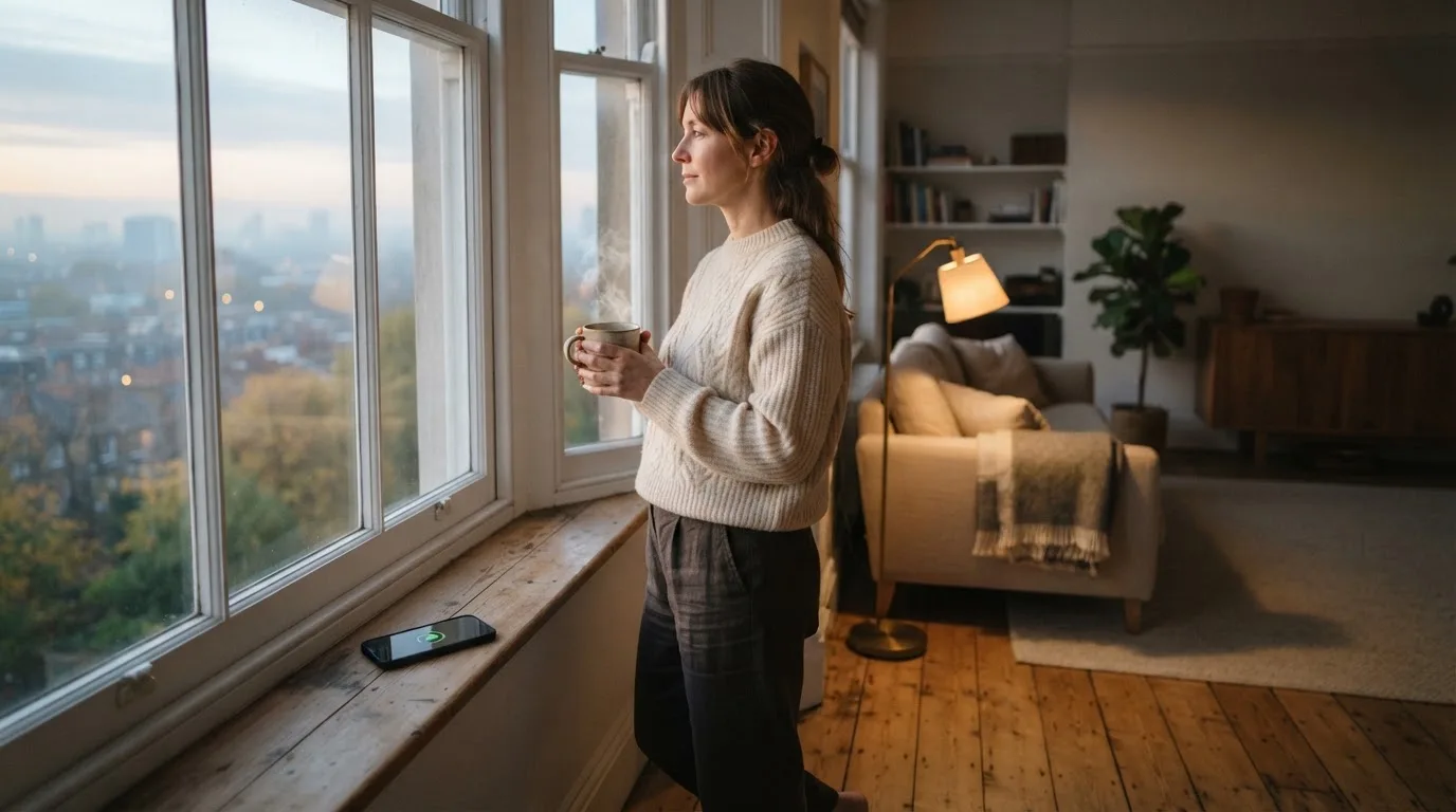 Una persona mira pensativa por la ventana de su casa sosteniendo una taza de café por la mañana.